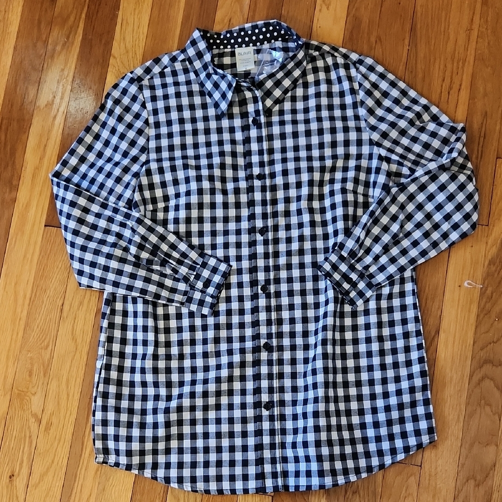 Black & White Gingham Check & Polka Dot Button-Down LS Shirt NWT Size Medium